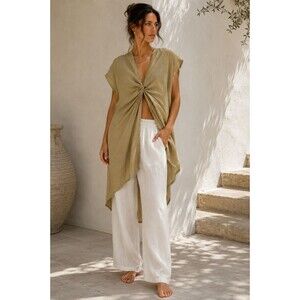 Sandra Weil 100% Linen Twist Front Midi Top Quiet Luxury Resort Minimal